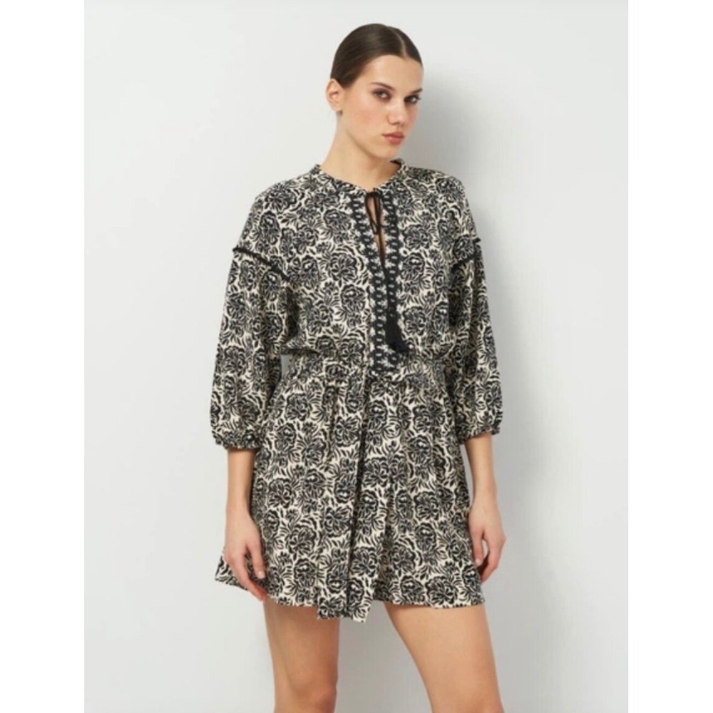 Zara Romper S Black Cream Floral Boho Tassel Balloon Sleeve Peasant Festival